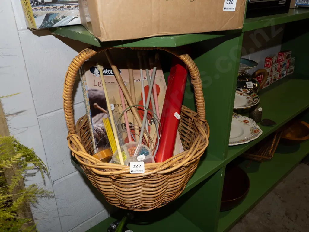 cane basket, knitting needles, paper clips etc Image 1++