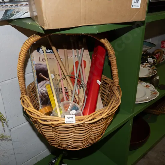 cane basket, knitting needles, paper clips etc