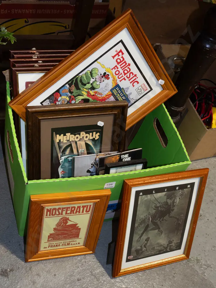 box; various framed movie and religious prints Image 1++