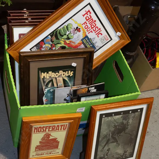box; various framed movie and religious prints