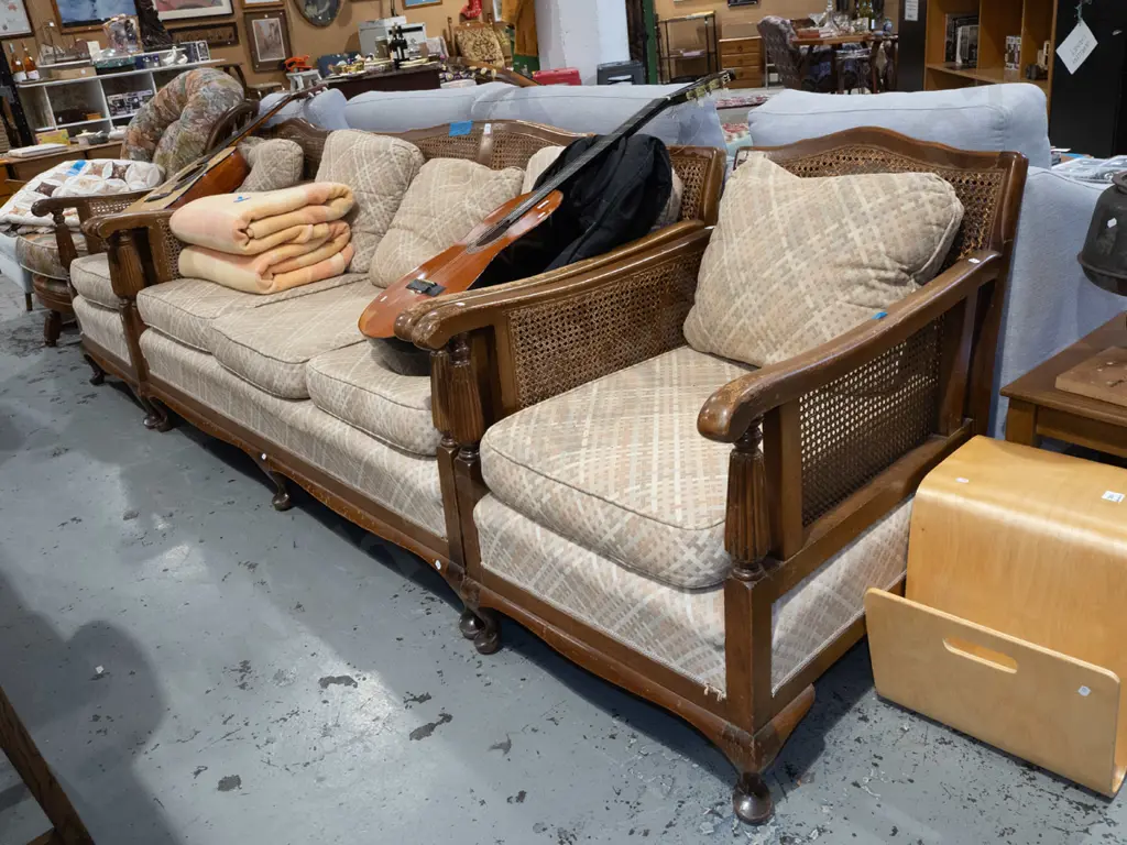 bergere lounge suite - 3 seater, 2 singles - damage to varnish and upholstery, cushions need attention Image 1++
