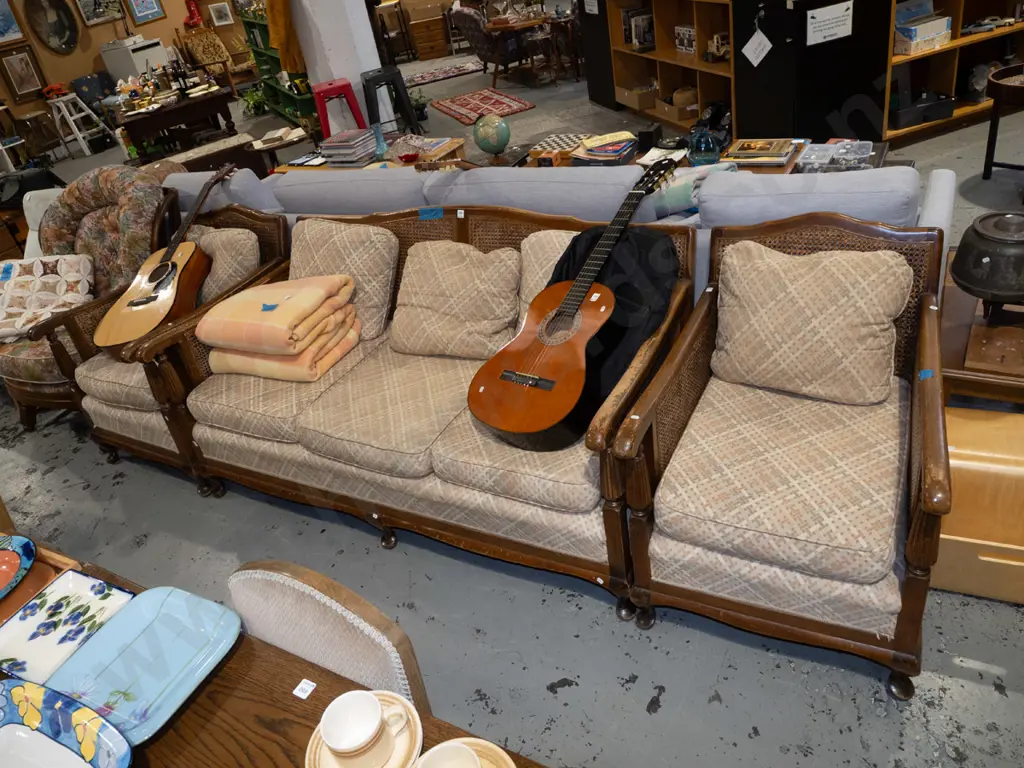 bergere lounge suite - 3 seater, 2 singles - damage to varnish and upholstery, cushions need attention Image 1++