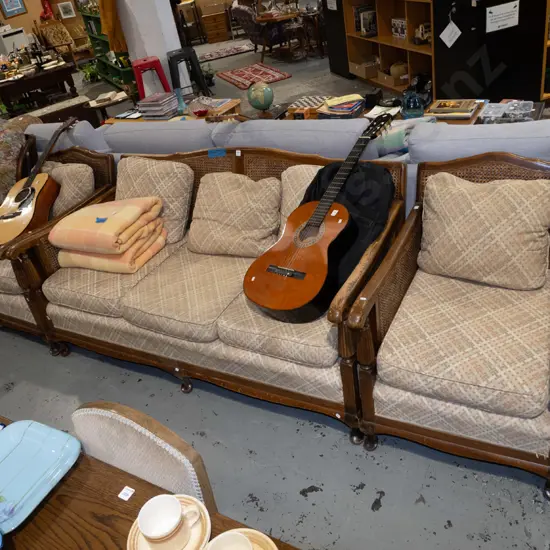 bergere lounge suite - 3 seater, 2 singles - damage to varnish and upholstery, cushions need attention