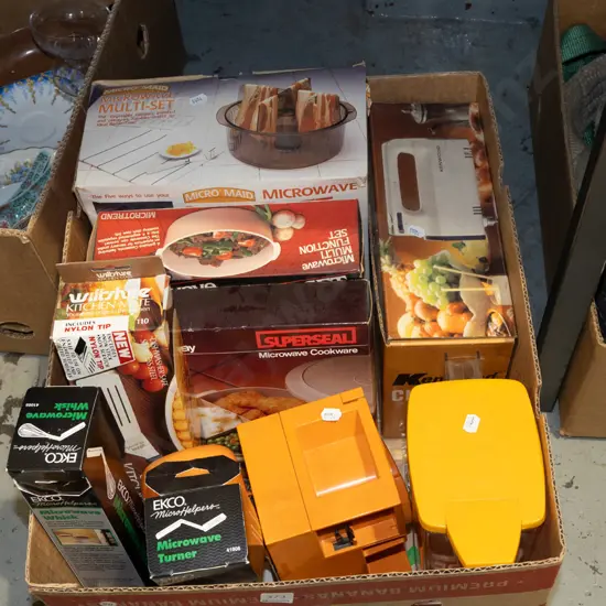 box; microwave cooking bowls, Kenwood mixer etc