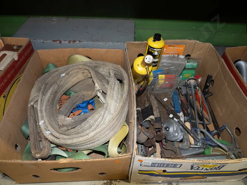2x boxes; load strops, gas burners, caulking guns etc - orange dots Image 1++
