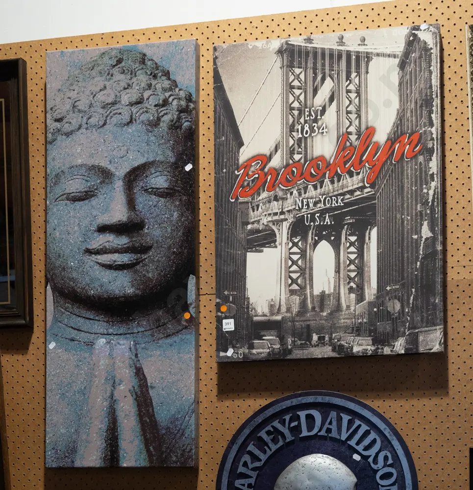 2x framed prints on canvas - buddha, Brooklyn USA - orange dots Image 1++