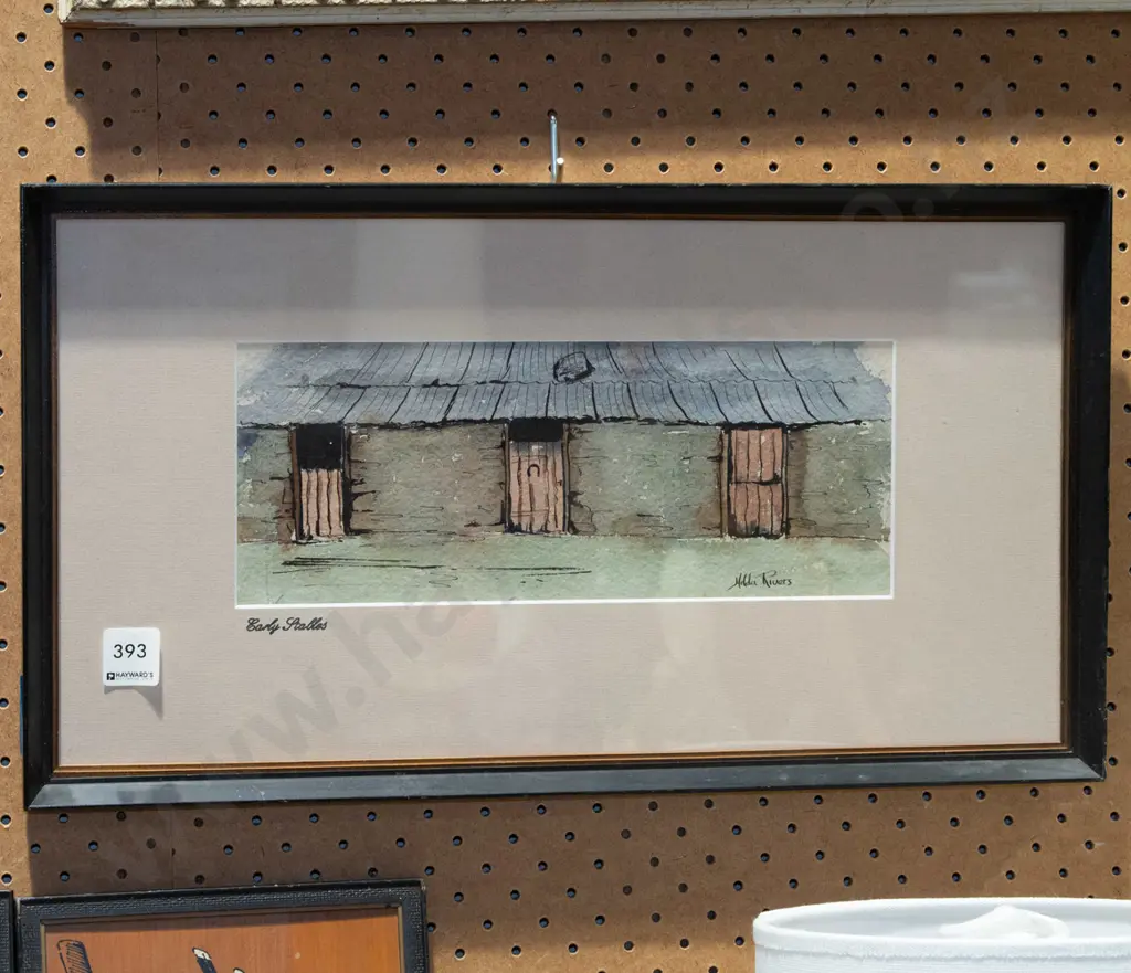 framed Hilda Rivers ink and watercolour - farm buildings Image 1++