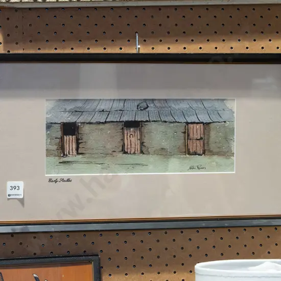 framed Hilda Rivers ink and watercolour - farm buildings