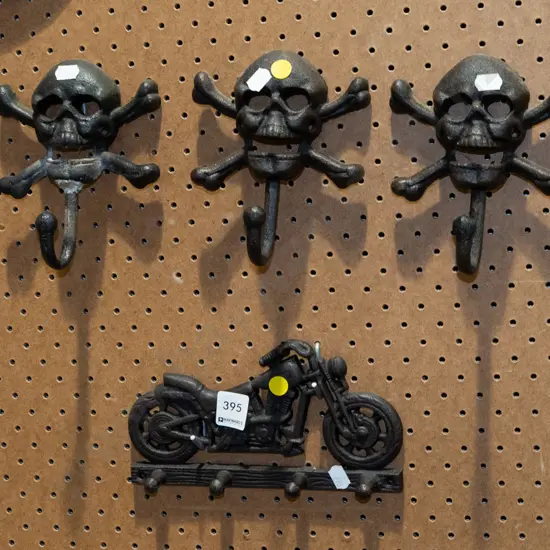 motorcycle key ring, skull and cross bones coat hooks - yellow dots