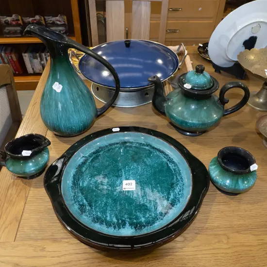 Blue Mountain tray, teapot, creamer, sugar, ewer vase H2700