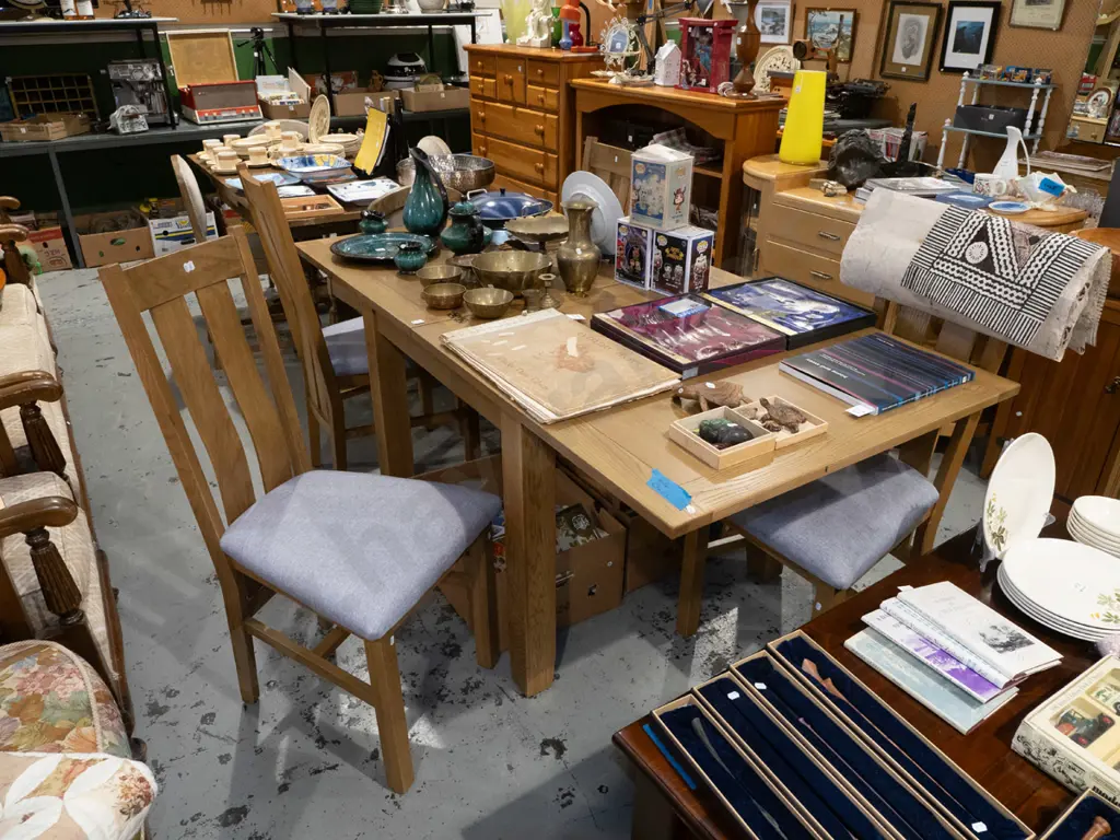 contemporary oak extending flip top dining table with 4 matching upholstered slat back chairs Image 1++