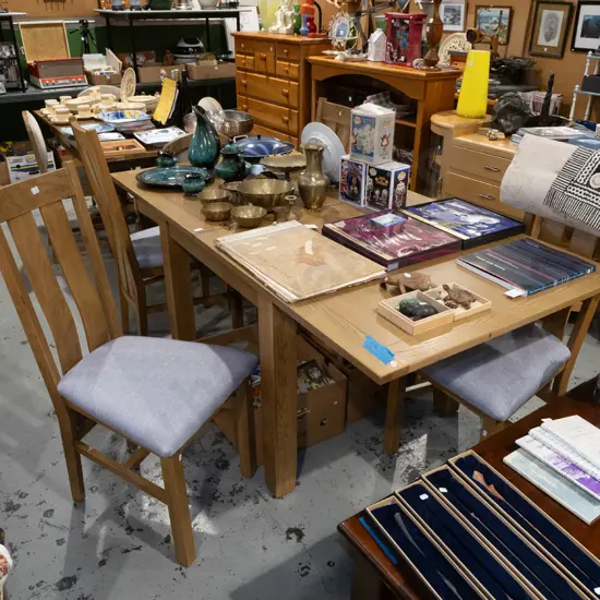 contemporary oak extending flip top dining table with 4 matching upholstered slat back chairs
