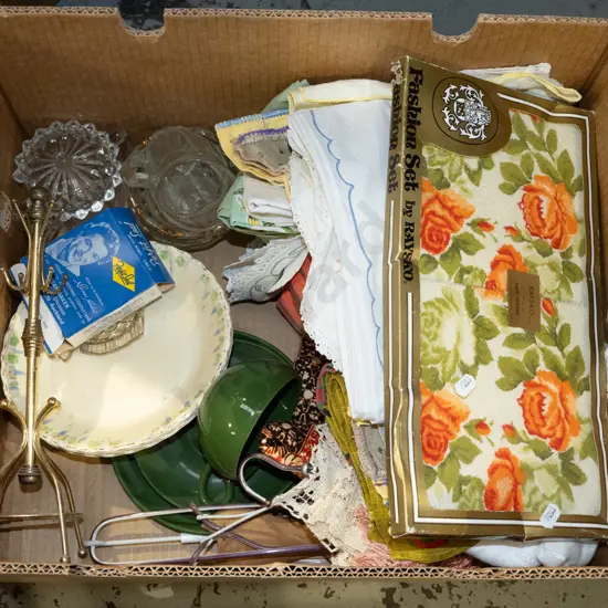 box; linen, bowls, jewellery stand etc