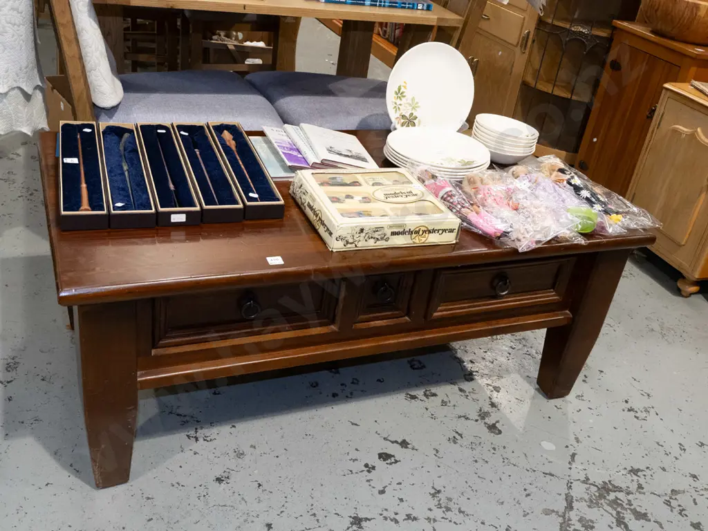 dark stained solid pine coffee table with 3 drawers Image 1++