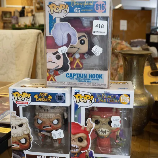 3x Pop Figurines;  Captain Hook, Evil Ash, Horned King With Creeper