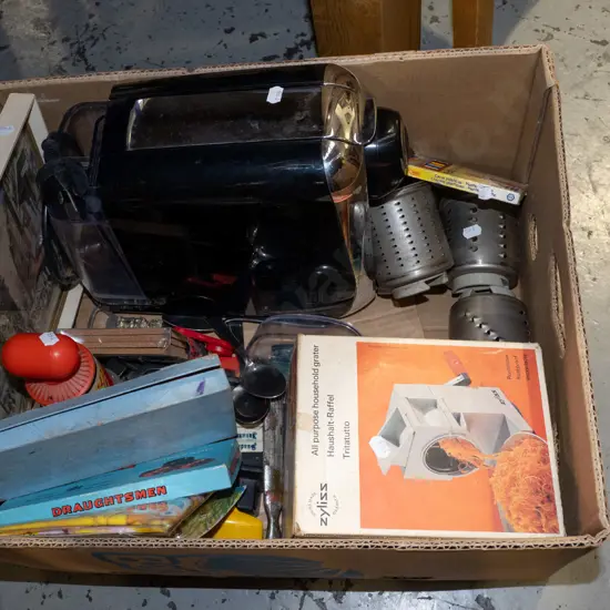 box; coffee pod machine, Zyliss grater, stamps etc