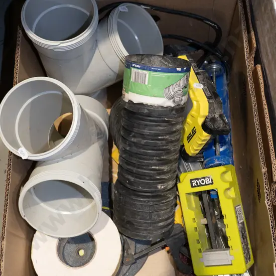 box; plumbing fittings, sharpening stones, drawer runners etc