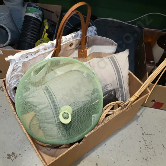 box; hand bag, cushion, carpet beater etc