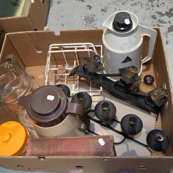 box; thermoses, jug, candelabra etc