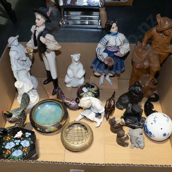 box; various figurines, cloisonne etc