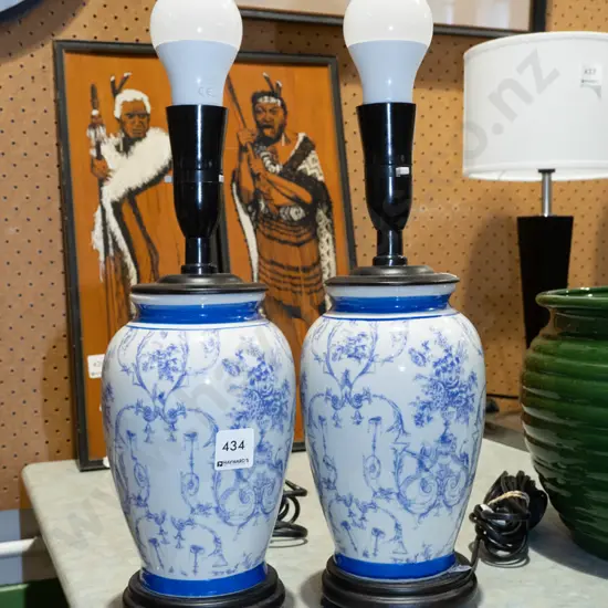 2x blue and based ceramic table lamps - no shades H430