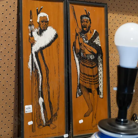 2x NZ Maori warroir prints on board - need restringing
