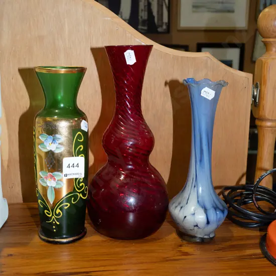 3x coloured glass vases Tallest H240