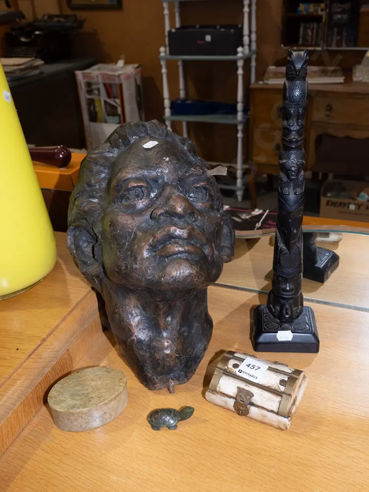 composite male bust, carved ebonised totem bowl H300, trinket boxes etc Image 1++