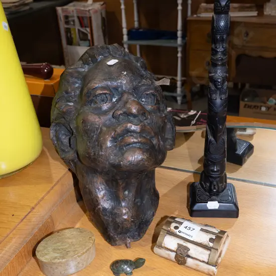 composite male bust, carved ebonised totem bowl H300, trinket boxes etc