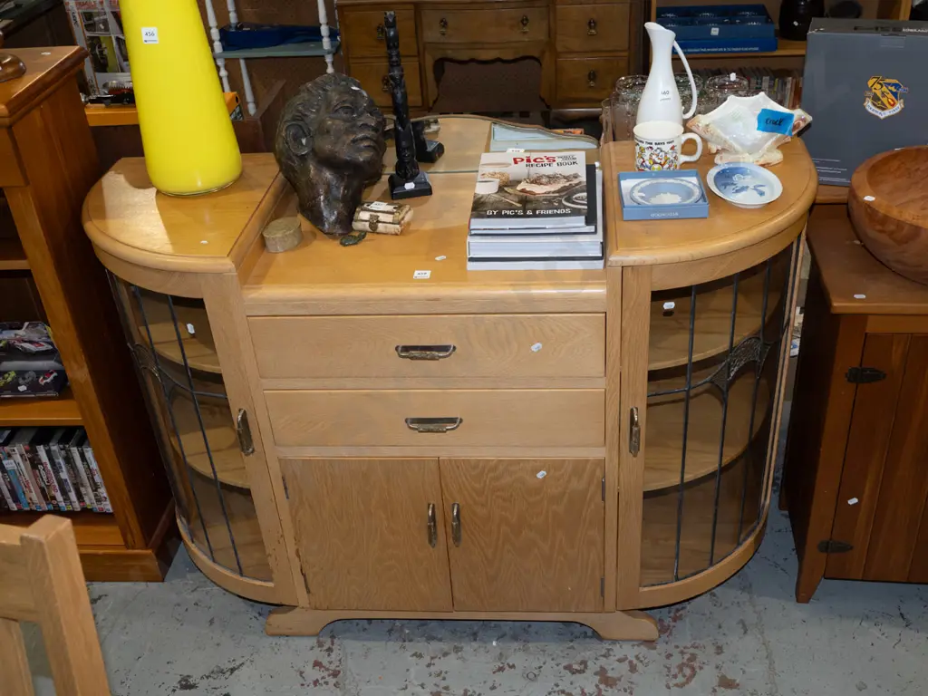 deco white oak sideboard with 2 curved leadlight doors, 2x solid doors, 2x drawers H900 W1300 D480 Image 1++