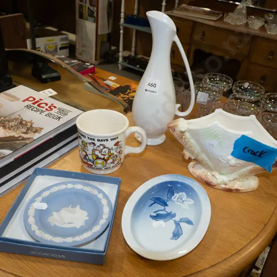 ewer vase, jasper ware, Round the Bays coffee cup etc