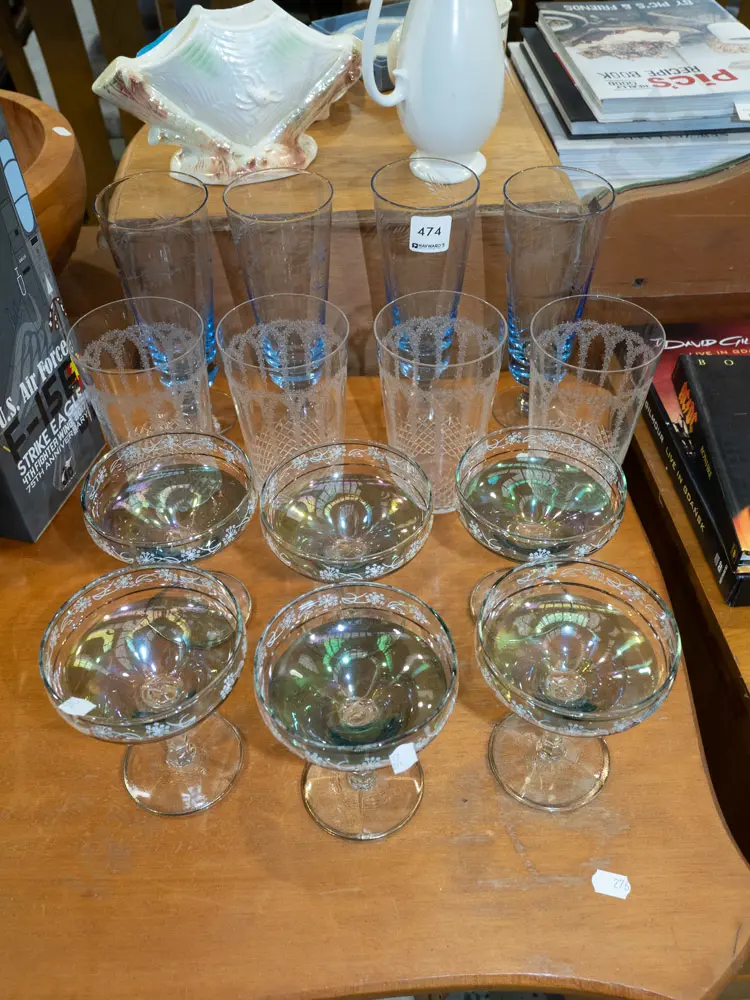 6x champagne glasses, 4x etched Edwardian tumblers, blue glass parfait glasses Image 1++