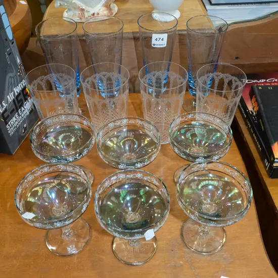 6x champagne glasses, 4x etched Edwardian tumblers, blue glass parfait glasses