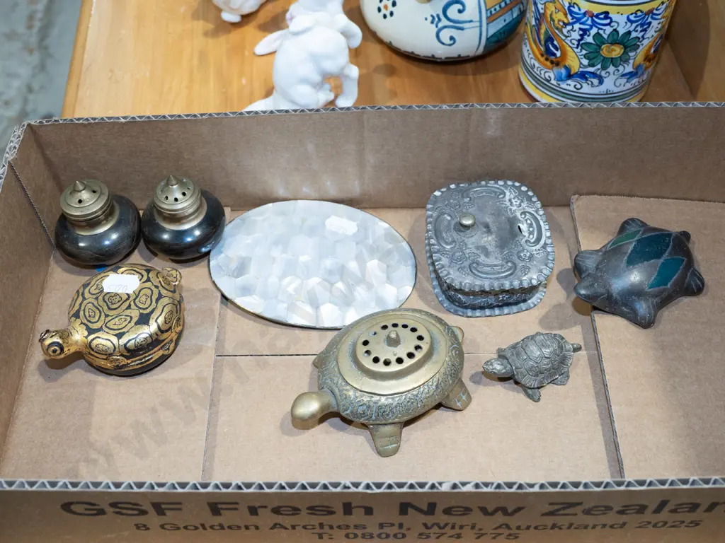 box; ornamental turtles, salt and peppers, mother of pearl belt buckle etc Image 1++