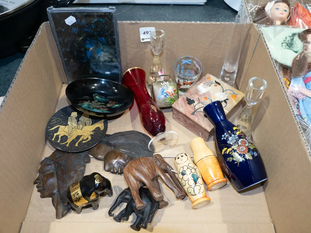 box; dishes, elephant figurines, bell etc Image 1++