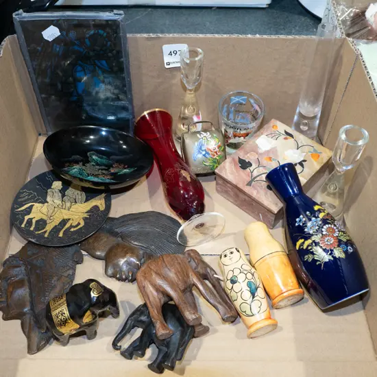 box; dishes, elephant figurines, bell etc