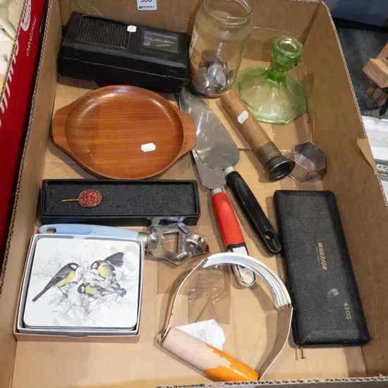 box; coasters, utensils, candlestick etc