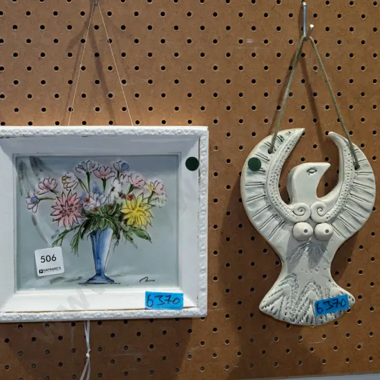 wall mounted ceramic floral tile, bird figurine