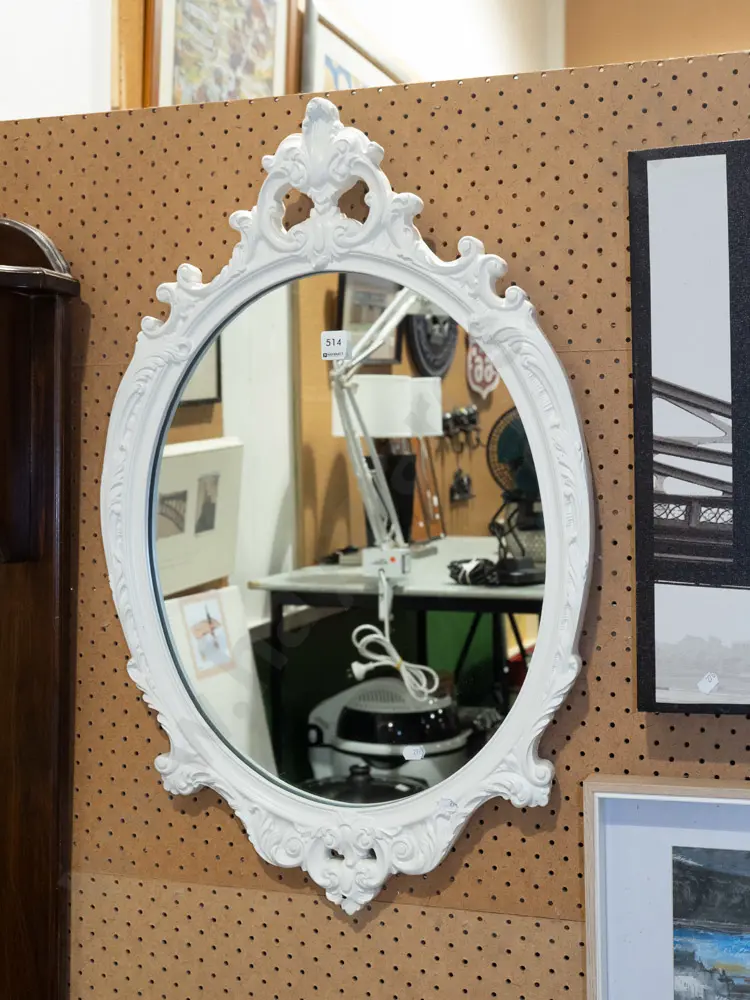 white ornate framed oval wall mirror H740 Image 1++
