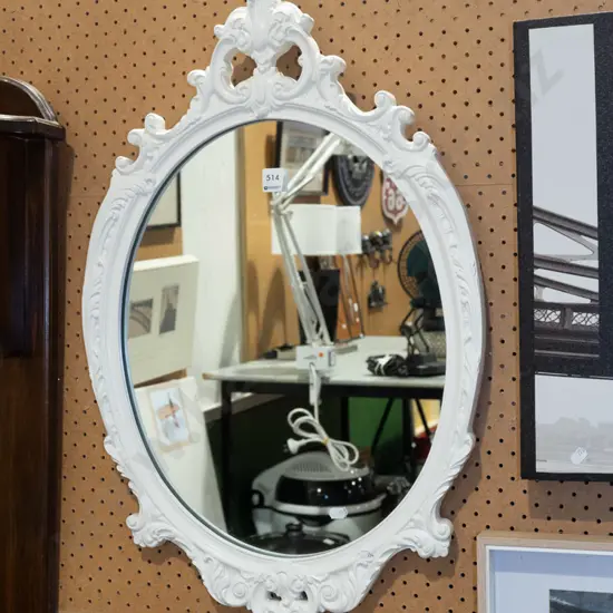 white ornate framed oval wall mirror H740