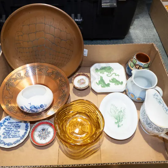 box; brass bowls, creamers, Limoges etc