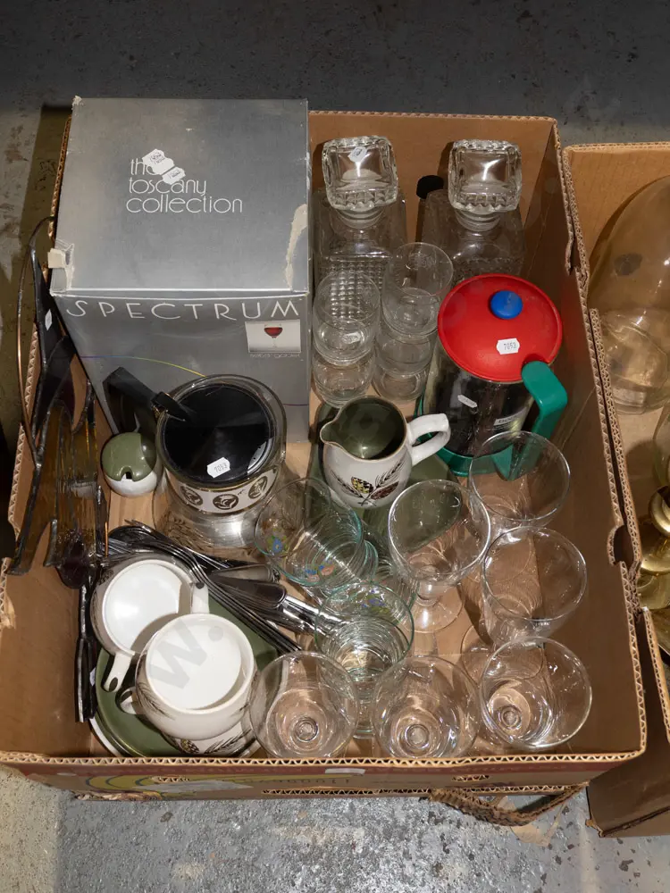 box; glasses, coffee plunger, leadlight window art etc Image 1++