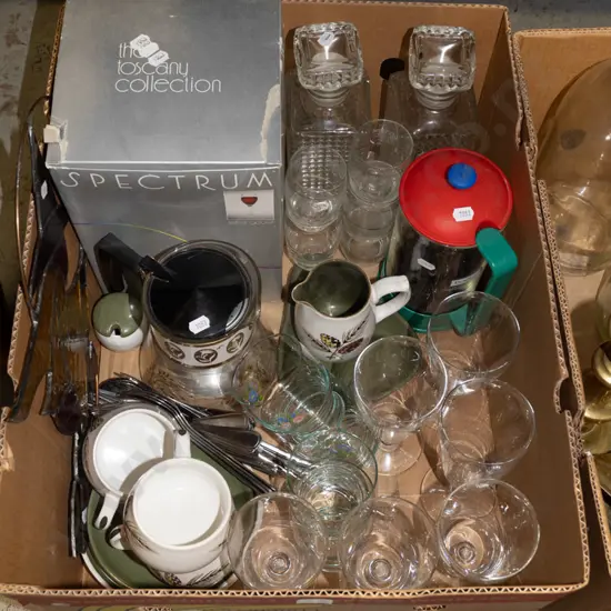 box; glasses, coffee plunger, leadlight window art etc