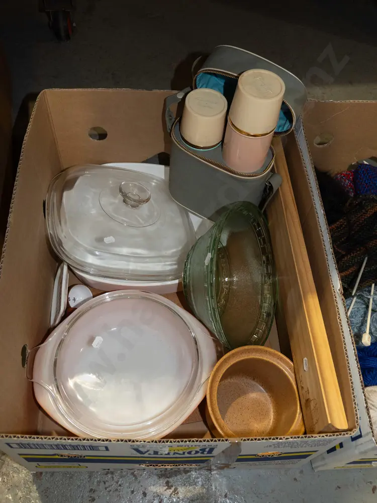 box; pyrex baking ware, glass bowl, thermoses etc Image 1++