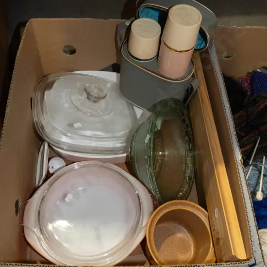 box; pyrex baking ware, glass bowl, thermoses etc