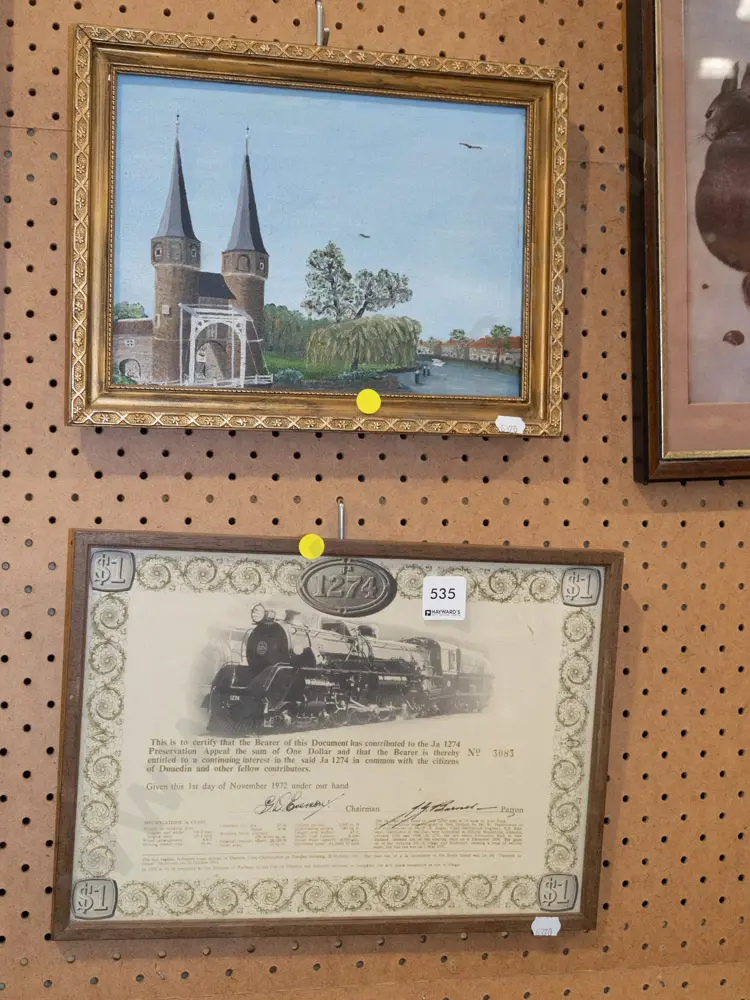 framed Dunedin train share certificate, oil on board - landscape - yellow dots Image 1++