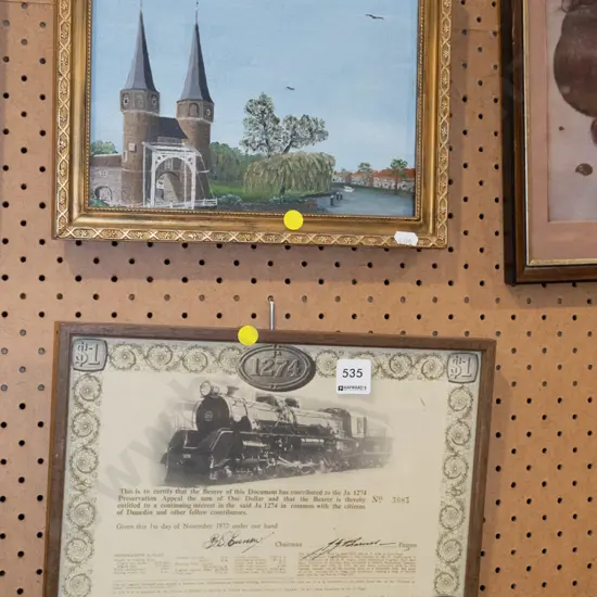 framed Dunedin train share certificate, oil on board - landscape - yellow dots