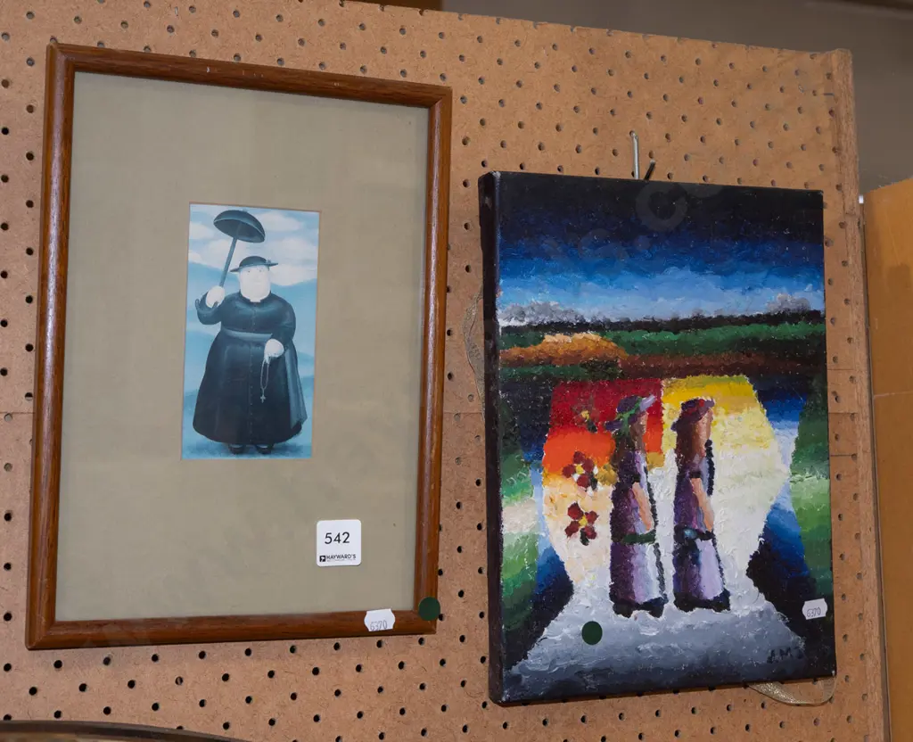 framed priest print, oil on boxed canvas - green dots Image 1++