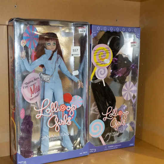 boxed Jan Mclean Lollipop doll and box of extra clothing
