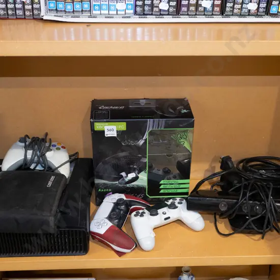 x-box 360 and acessories, playstation game and 2 controllers